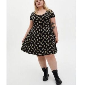Torrid Womens Plus Size 2 Black Skull Print Button Front Skater Dress